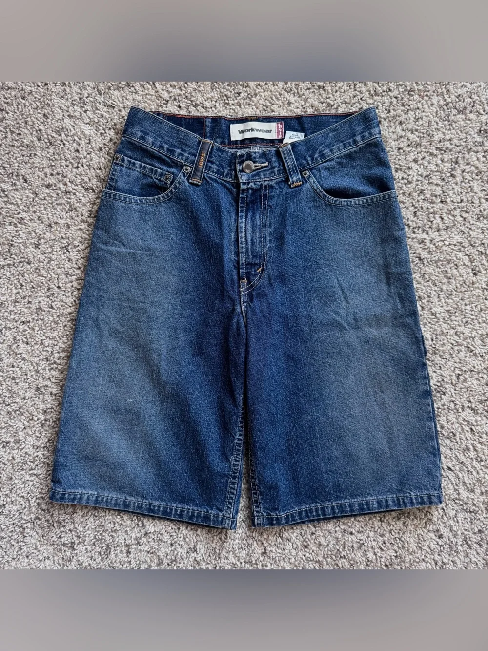 Vtg Levi’s Workwear 12 Carpenter Denim Jorts Y2K Baggy Long Jean Shorts 28x10